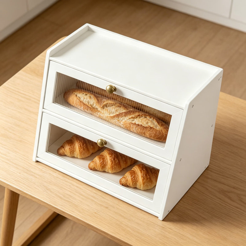 Double boîte à pain en bambou double pour comptoir de cuisine, bac de rangement en bois avec fenêtre ondulée en acrylique et pince