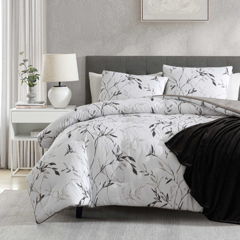 Full Black and Warm Grey Microfiber Reversible Bedspread Set