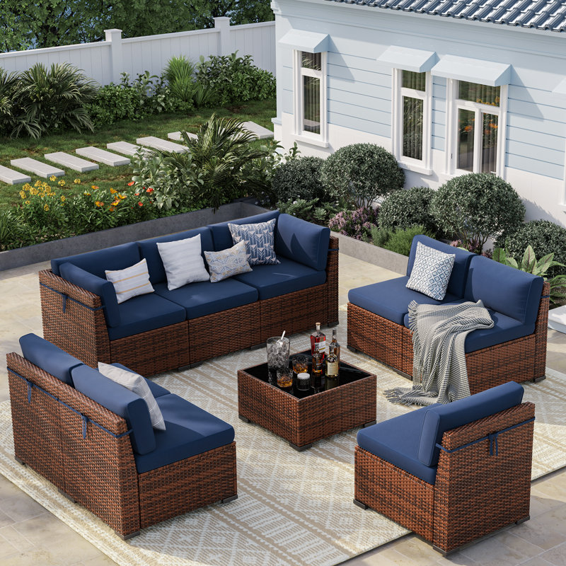 8 Person Rattan Sectional Seating Group With Cushions, Blue, No