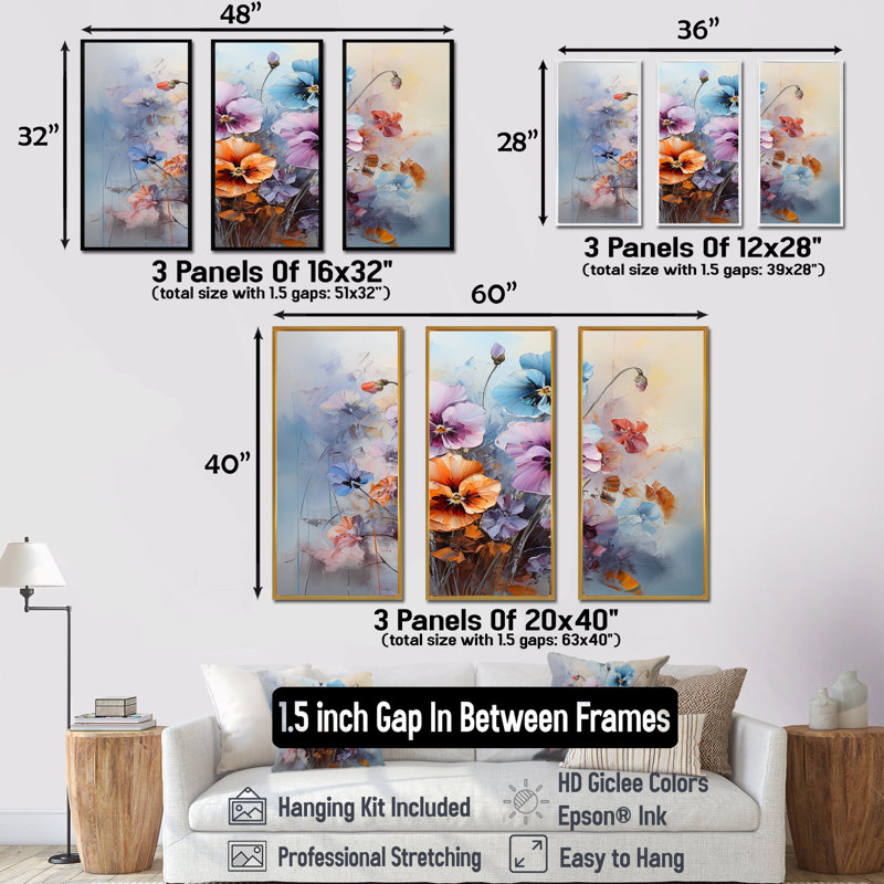 Ensemble de salon mauve Pensies mauves, Cadre flottant noir, H 40 po x l 60 po x P 1 po