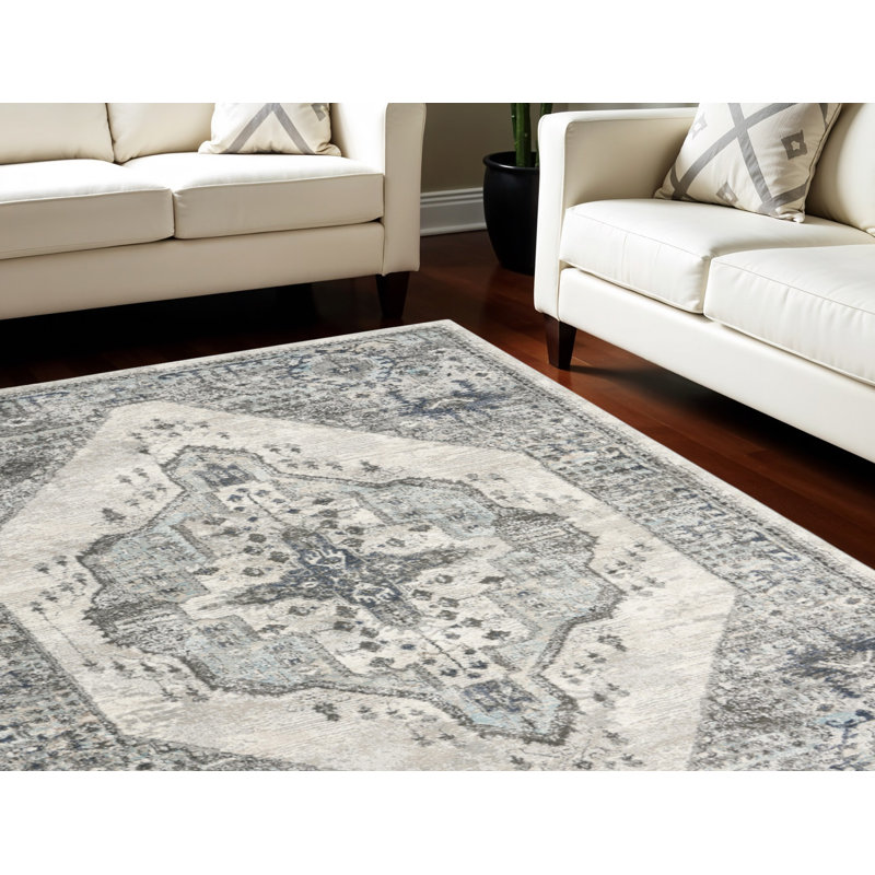 Tapis gris floral tissé à la machine 8 pi x 10 pi