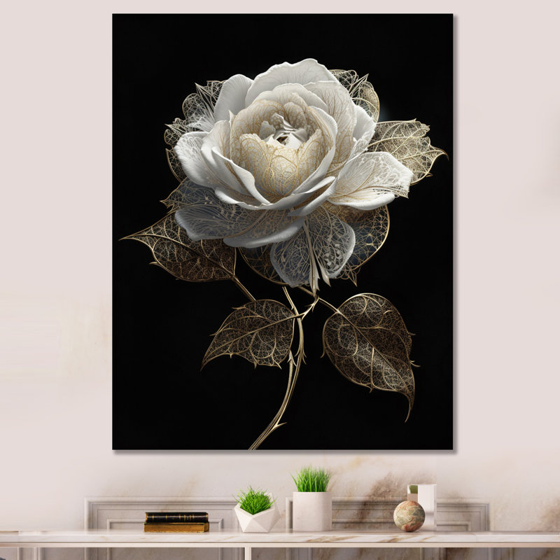 Rétro portrait de rose blanche sur fond noir sur toile, 44" H x 34" W, Toile tendue