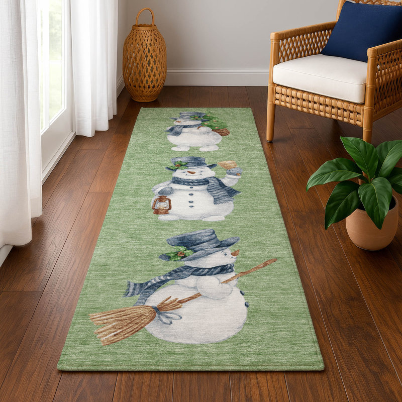 Premium Machine Washable Ingrassellino AMF1826 Happy Snowmen Holiday Rug, Runner 2'3" x 7'6"