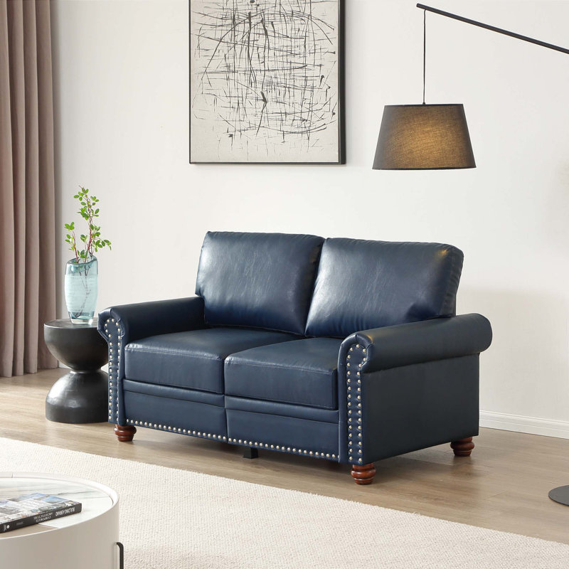 Living Room Sofa Loveseat Round Arm with Silver Nails Couch Navy Blue Faux Leather