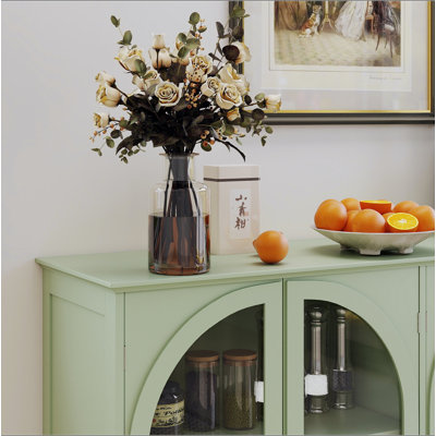 Buffet en verre arqué vert, 2 tiroirs et 4 portes en verre, armoire de présentation avec tablettes réglables, armoire de cuisine moderne pour le vestibule du salon