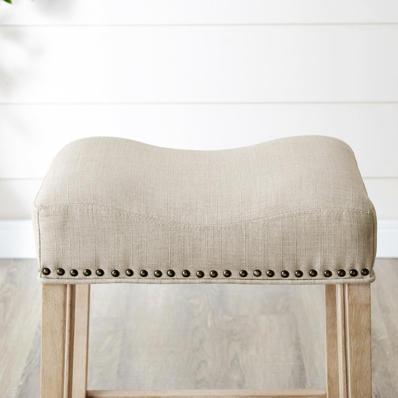 Set Of 2 Upholstered Backless Counter Stools, Contemporary Saddle Design Chairs, Tan