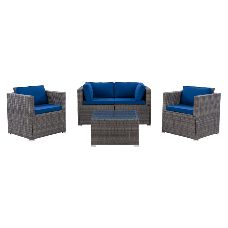 Ensemble de conversation modulaire en rotin 5 pièces avec coussins Newburyport, Bleu, Gris