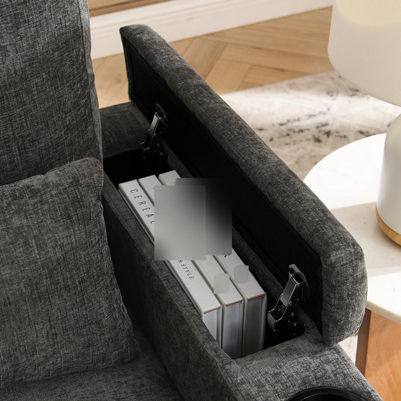 Fauteuil inclinable simple gris avec réglage manuel, charge, support pour téléphone et rangement des accoudoirs cachés sur l'accoudoir, inclus, pour une détente confortable