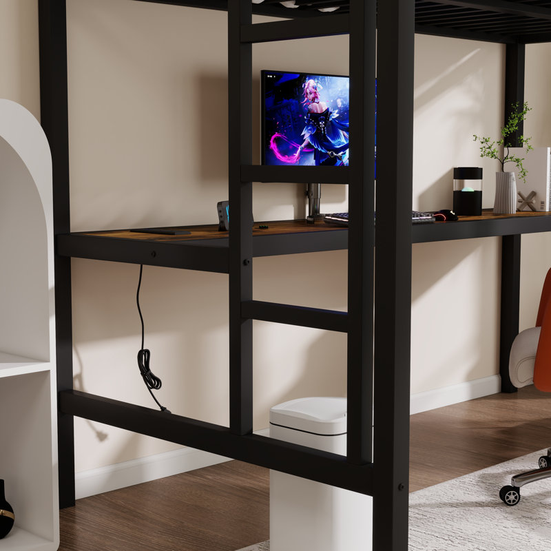 Metal Loft Bed Twin Xl Size With Desk,Power Outlet And Led Lighted
