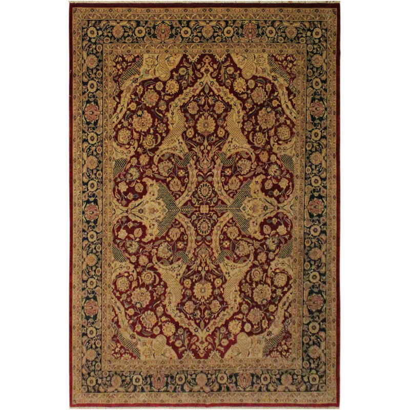 Tapis rouge / rouge foncé / vert foncé en laine noué à la main 9 pi 4 po x 11 pi 11 po Abagail
