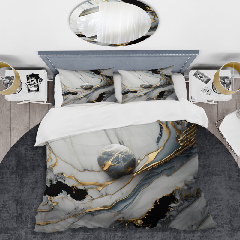 Ensemble de housse de couette en microfibre / polyester Abstract Geode Gold and White Marble III