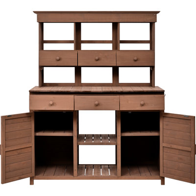 Bureau de jardinage en bois de sapin 65,7 po, 6 tiroirs, 2 armoires, 3 tablettes, crochets latéraux, ergonomique, banc de rangement de serre rustique de 65,7 po de hauteur