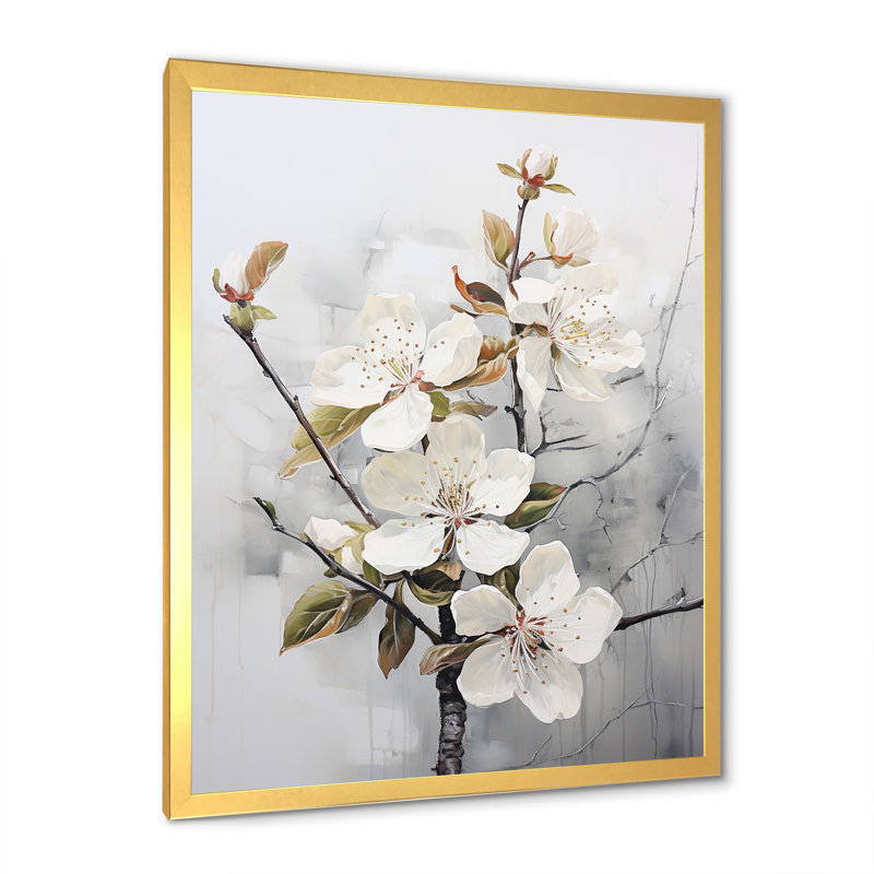 Minimalisme, fleur de pommier blanc I sur toile, Encadrement doré, H 32 po x l 16 po x P 1 po