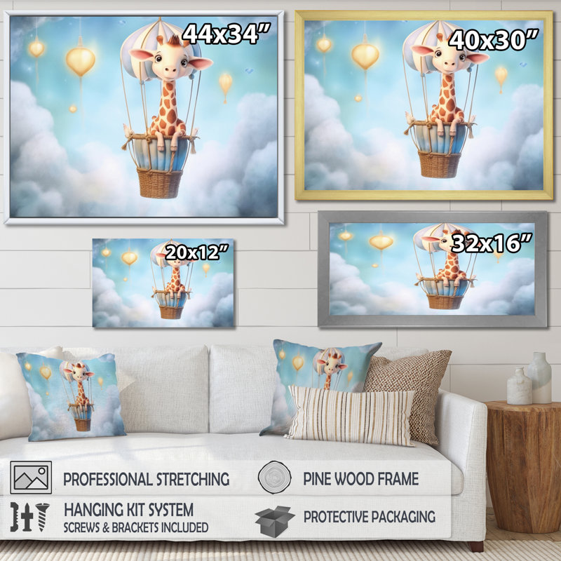 «Nursery Adorable Giraffe I», reproduction sur toile, Cadre doré simple, H 16 po x l 32 po x P 1 po
