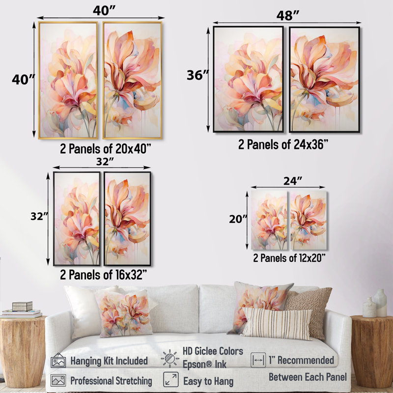 Coral Petal Symphony II - Abstract Botanicals, décoration murale 2 panneaux, Impression encadrée flottante, H 36 po x l 48 po