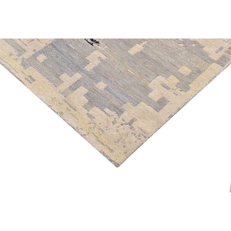 Hand Knotted Abstract Area Rug in Beige/Charcoal/Yellow, Rectangle 8' x 10'
