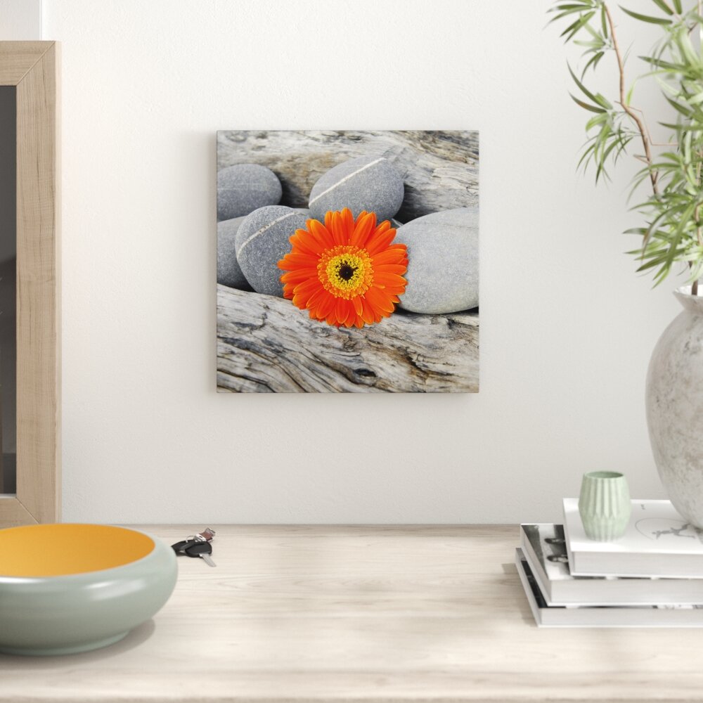 Leinwandbild Orangefarbene Gerbera zwischen Zen Steinen