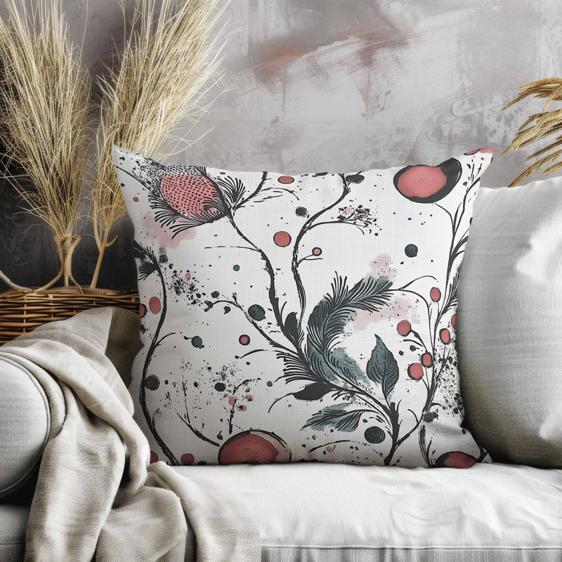Oreiller en faux suède Spots Garden, Blanc / Rose / Gris, Carré 20 po