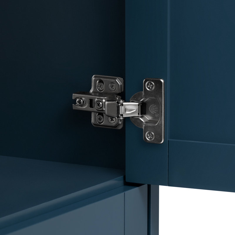 Armoire de rangement de salle de bain 30 po avec lavabo en céramique, poignées style moderne en or bleu. Planches, grand rangement. Meuble-lavabo autoportant en bois massif facile à installer et facile à installer
