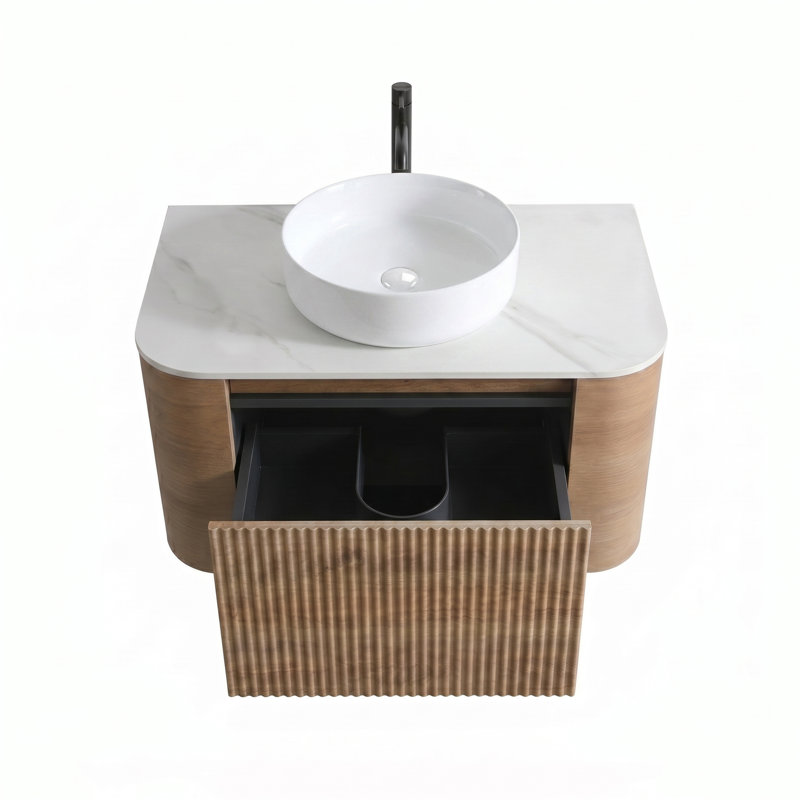 Meuble-lavabo mural de 76 cm (30 pouces) avec lavabo rond blanc rayé et tiroir de rangement, Honey Oak, 30, Blanc