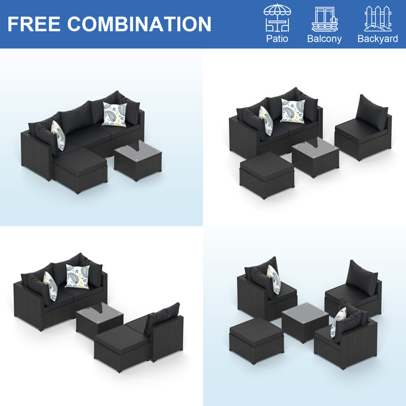 5 Pcs Outdoor Conversation Sets Outdoor Sectional Sofa W/ Cushion & Ottoman, Black