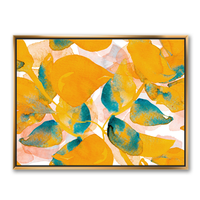 Feuilles d'aquarelle - reproduction d'art sur toile, H 36 po x l 46 po x P 1,5 po, Toile encadrée d'or