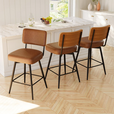 Set of 3 Counter Height Swivel Bar Stools with Back, PU Leather Upholstered Kitchen Island Stools, Thick Cushion Seat, 360° Swivel, 350 lbs Capacity for Dining Room, Brown