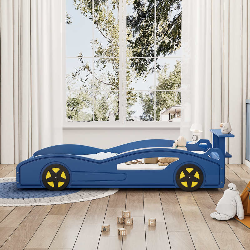 Wooden Race Car Bed, Car-Shaped Platform Bed With Wheels For Teens, Fun And Functional Design, Blue