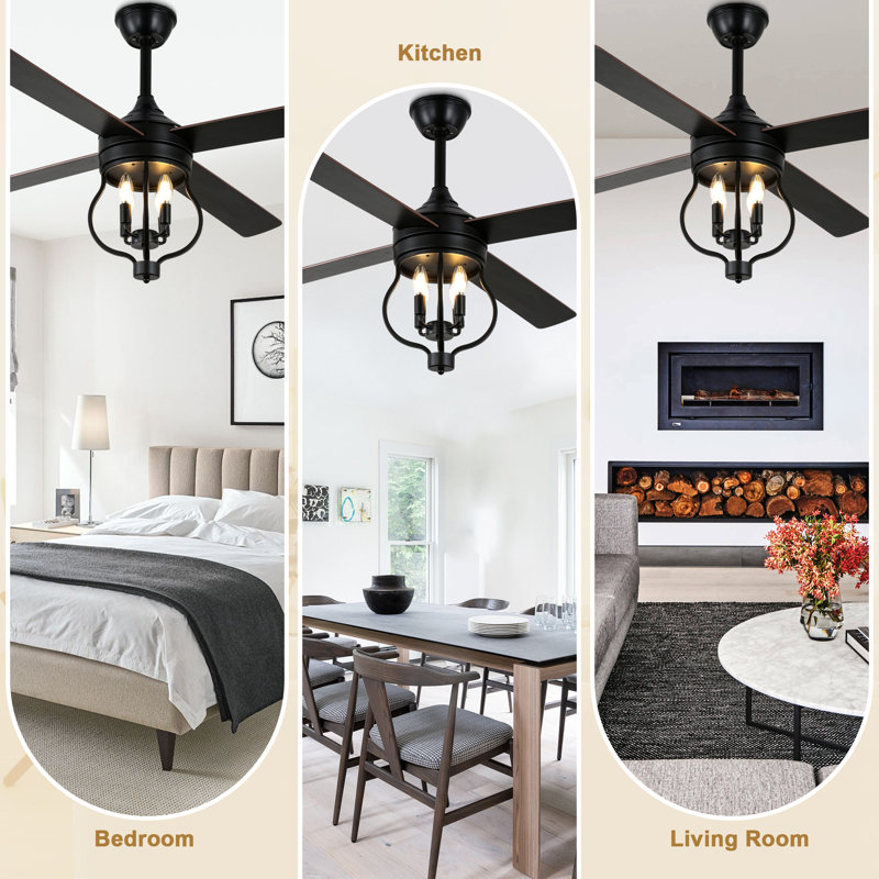 Kahliel 48" Solid Wood Farmhouse Ceiling Fan with Light and Remote, 6-speed Reversible DC Motor, Rustic Ceiling Fan Caged Fandelier for Bedrooms