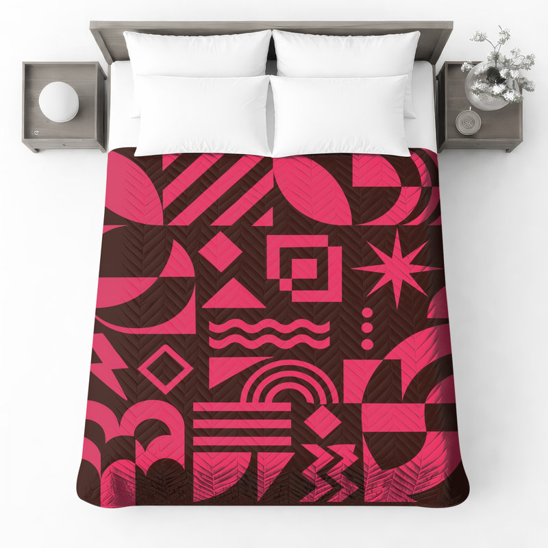Pink Geometric Shapes Quilted Thin Bedspread, Twin