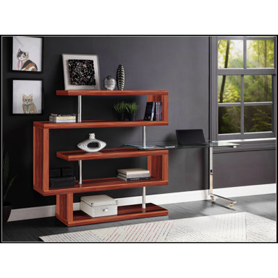 Bureau d'écriture moderne à plateau en verre avec fonction pivotante et tablettes de rangement ouvertes, parfait pour le bureau à domicile et les espaces d'étude.