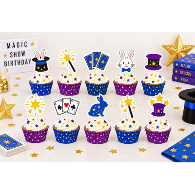 Magic Show Cupcake Toppers, Magician Rabbit Hat Wand Card Birthday Picks, Purple Blue Gold Cardstock Decor