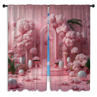 Rideau de fenêtre rose à motif floral avec voilage et obscurcissement - 2 panneaux