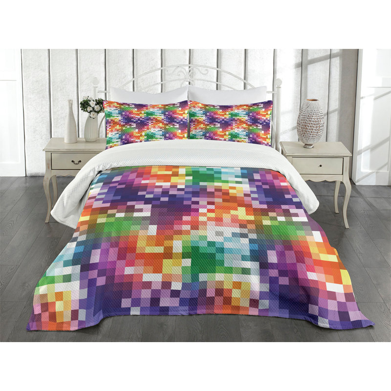 Ambesonne Colorful Bedspread Set Rainbow Colored Square Multicolor, King Bedspread + 2 Standard Shams
