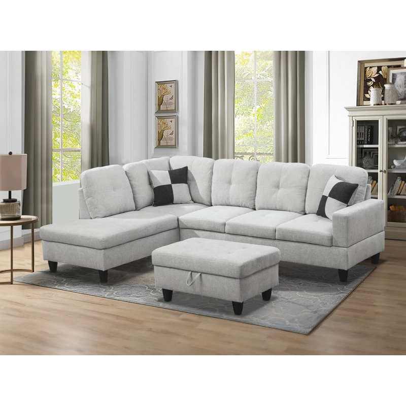 Canapé modulaire en forme de L de 103 po avec repose-pieds de rangement, Orienté à gauche (vu de face), Flanelle blanc cassé