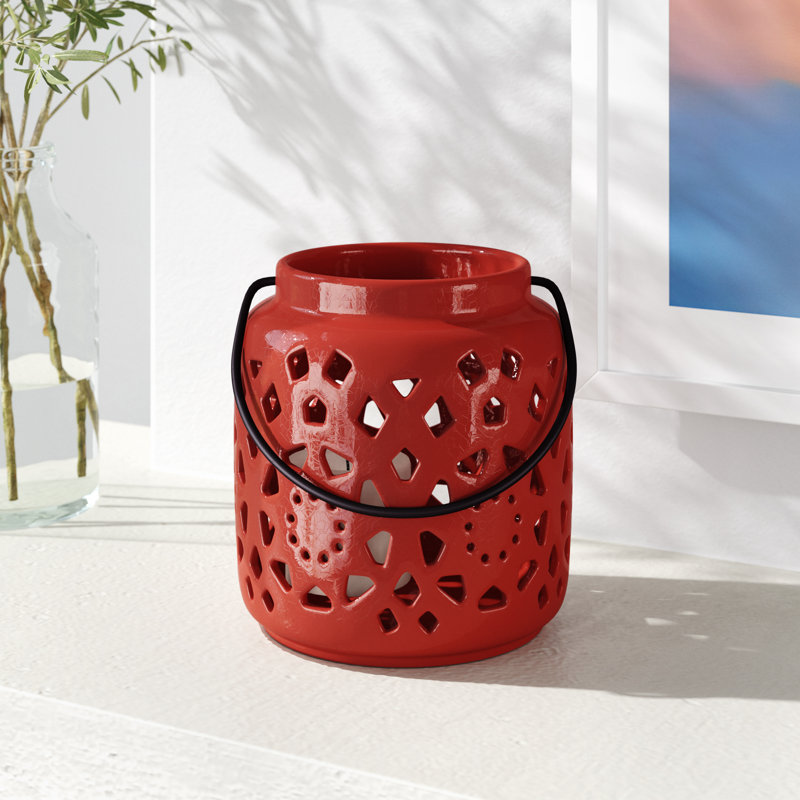 Alica Ceramic Lantern, 6.5" H x 6.25" W x 6.25" D, Terracotta