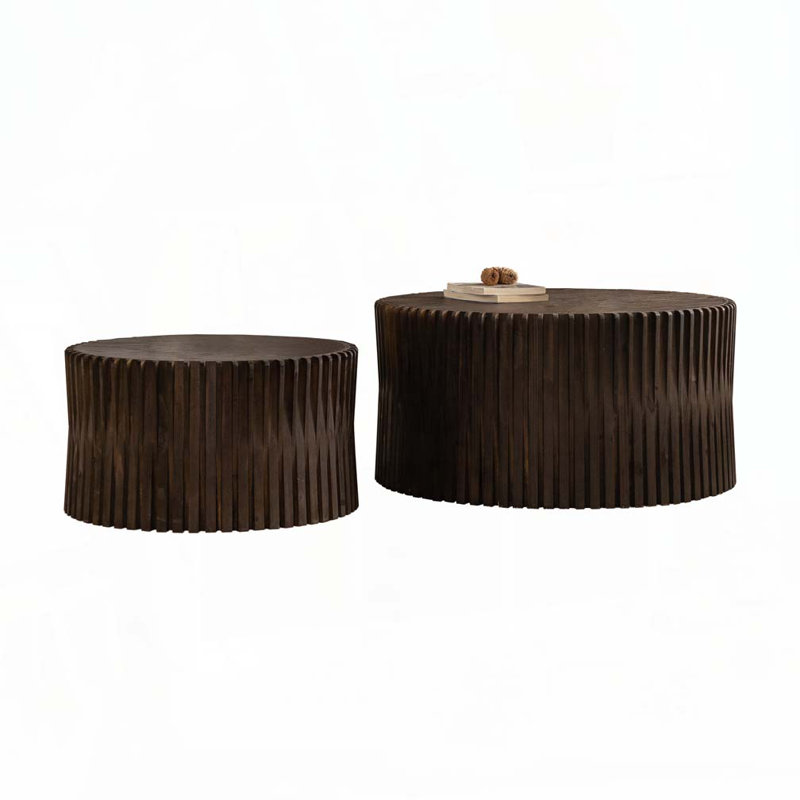 Vintage Retro Cylindrical Nesting Coffee Table Set | Vertical Textured Embossed Detail | Space-Saving Stackable Design | Decorative Accent for Living Room, Office & Dining Area