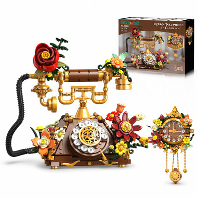 2-in-1 Retro Telephone and Wall Clock Building Set with Floral Design, Vintage Home Decor