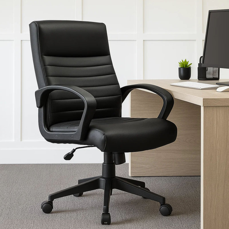 Chaise de bureau pivotante, vinyle noir à dossier nervuré, roulettes, réglable