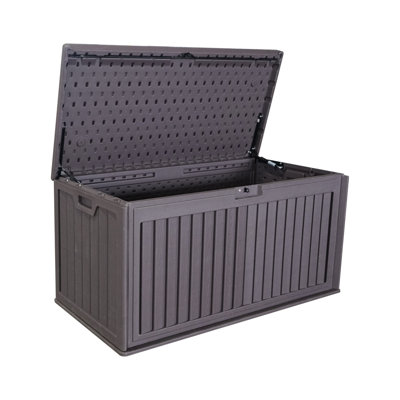 100 Gallon Resin Outdoor Deck Box Waterproof, Plastic Patio Storage Box With Side Handles, Lockable Storage Containers For Patio Furniture Cushions, Pool Accessories, Garden Tools Brown