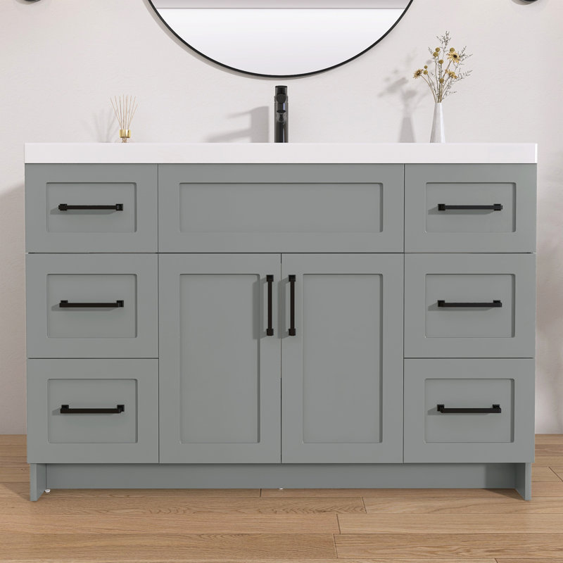Meuble-lavabo de 48 po sans lavabo supérieur, base d'armoire seulement, rangement de salle de bain à 6 tiroirs, conception à deux portes, eau, résistant aux taches, gris, non assemblé
