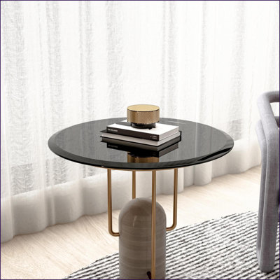 Plateau de table basse rond 24 po en verre trempé noir, bord biseauté poli, facile à nettoyer et prêt à l'emploi