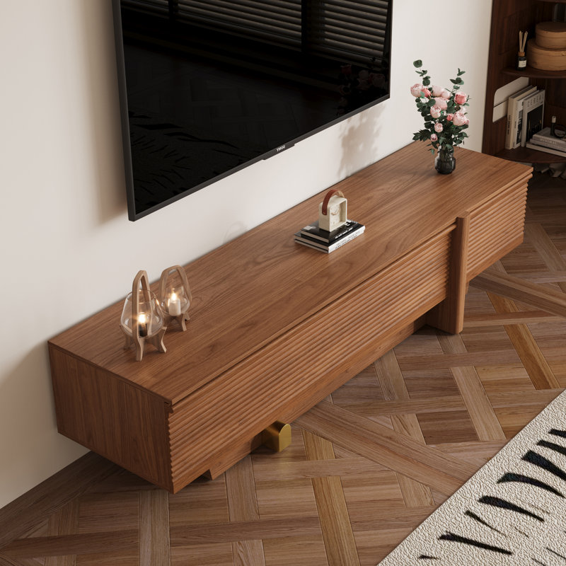 71” Modern Wooden TV Stand, Floor-Standing Media Console with Ribbed Storage & Gold Accents