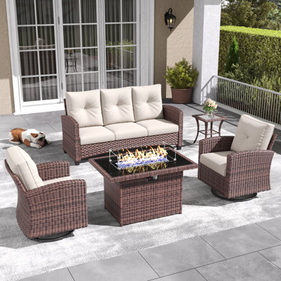 Lark Manorâ„¢ 5 Pieces Patio Furniture Set with Swivel Chairs, Rattan Wicker Rocking Glide Chairs with 44" Propane Gas Fire Pit Table Conversation Set by Lark Manor