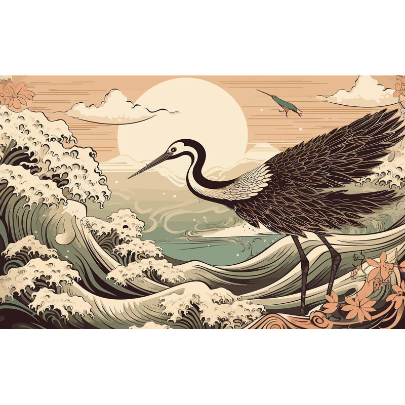 Papier peint de qualité supérieure - Illustration d'une grue au coucher du soleil, L 96 po x l 120 po