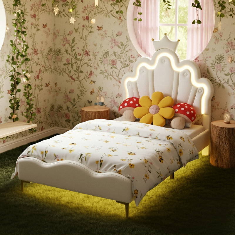 Multi-Sizes Upholstered Princess Bed With Dual-Zone Led, PU Leather Height-Adjustable Headboard, Pink/White (90x190, 90x200, 140x200)