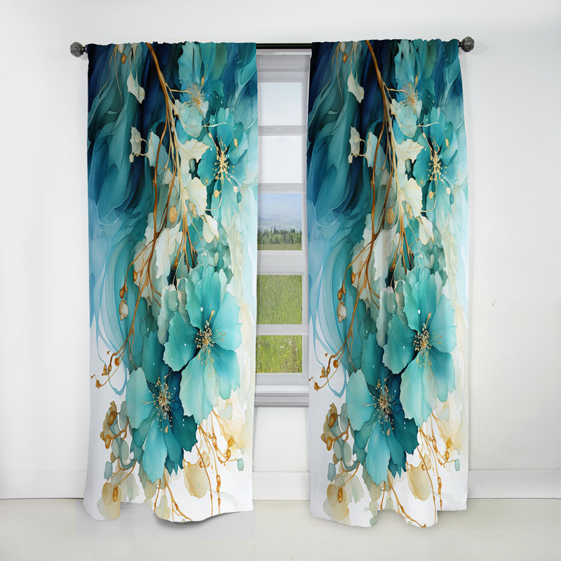 Teal Gold Abstract Fractal Mystic Mirage I - Fractals Blackout Abstract Curtain - 1 Panel, 52" W x 108" L