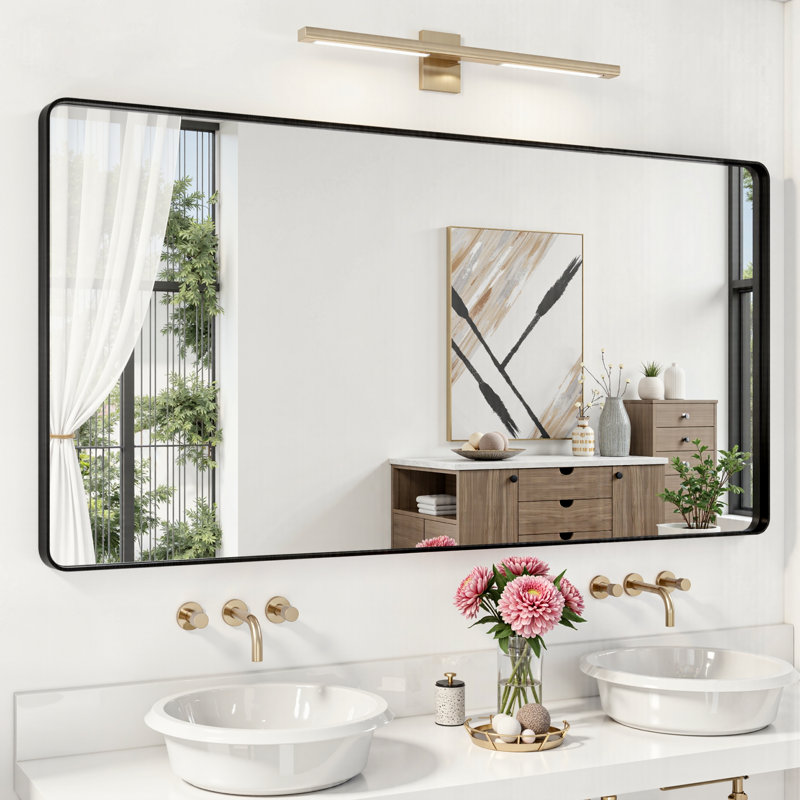 Lunara 1.18" Deep Rounded Corner Rectangular Bathroom Wall Mirror with Premium Tempered Glass & Aluminum Alloy Framed, Black