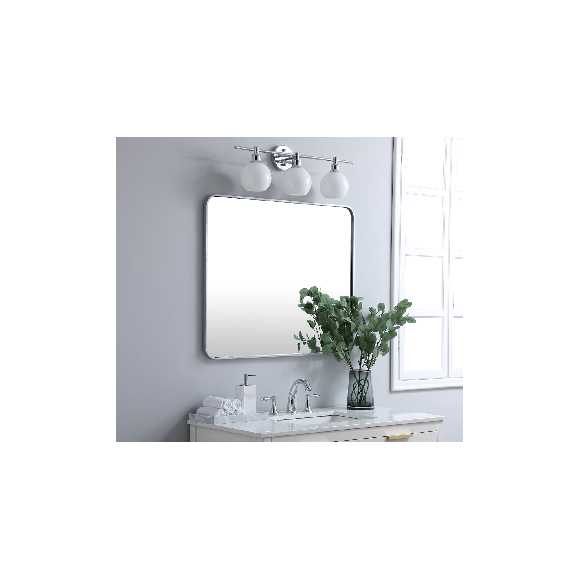 Sabine Metal Rounded Rectangle Wall Mirror, Silver, 36" x 30"