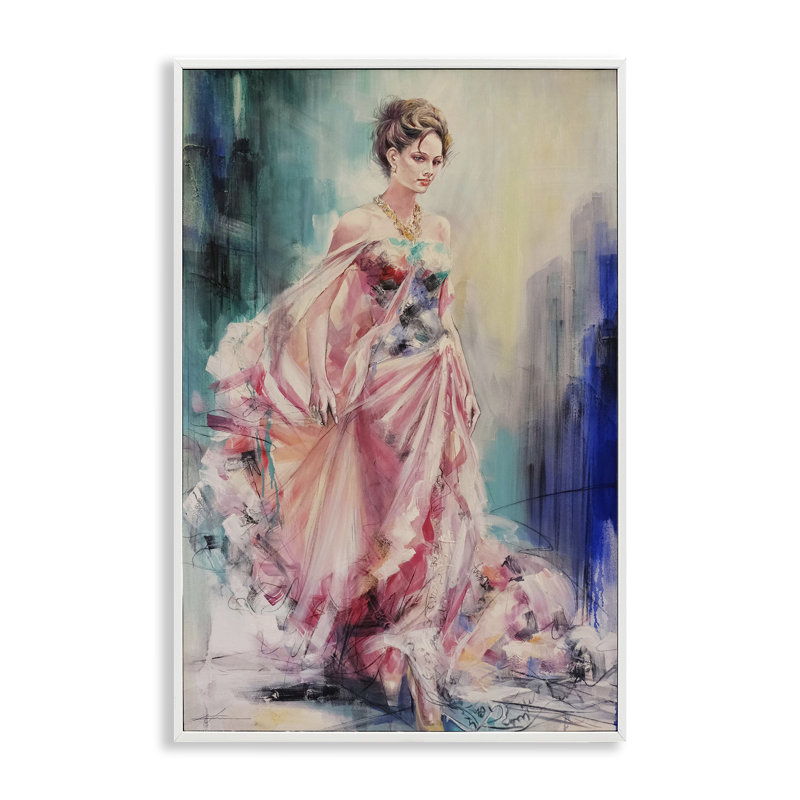 Femme sophistiquée en robe giclée, design par Lucille Lee, Estampe numérique encadrée blanc bord de mer, H 18 po x l 12 po